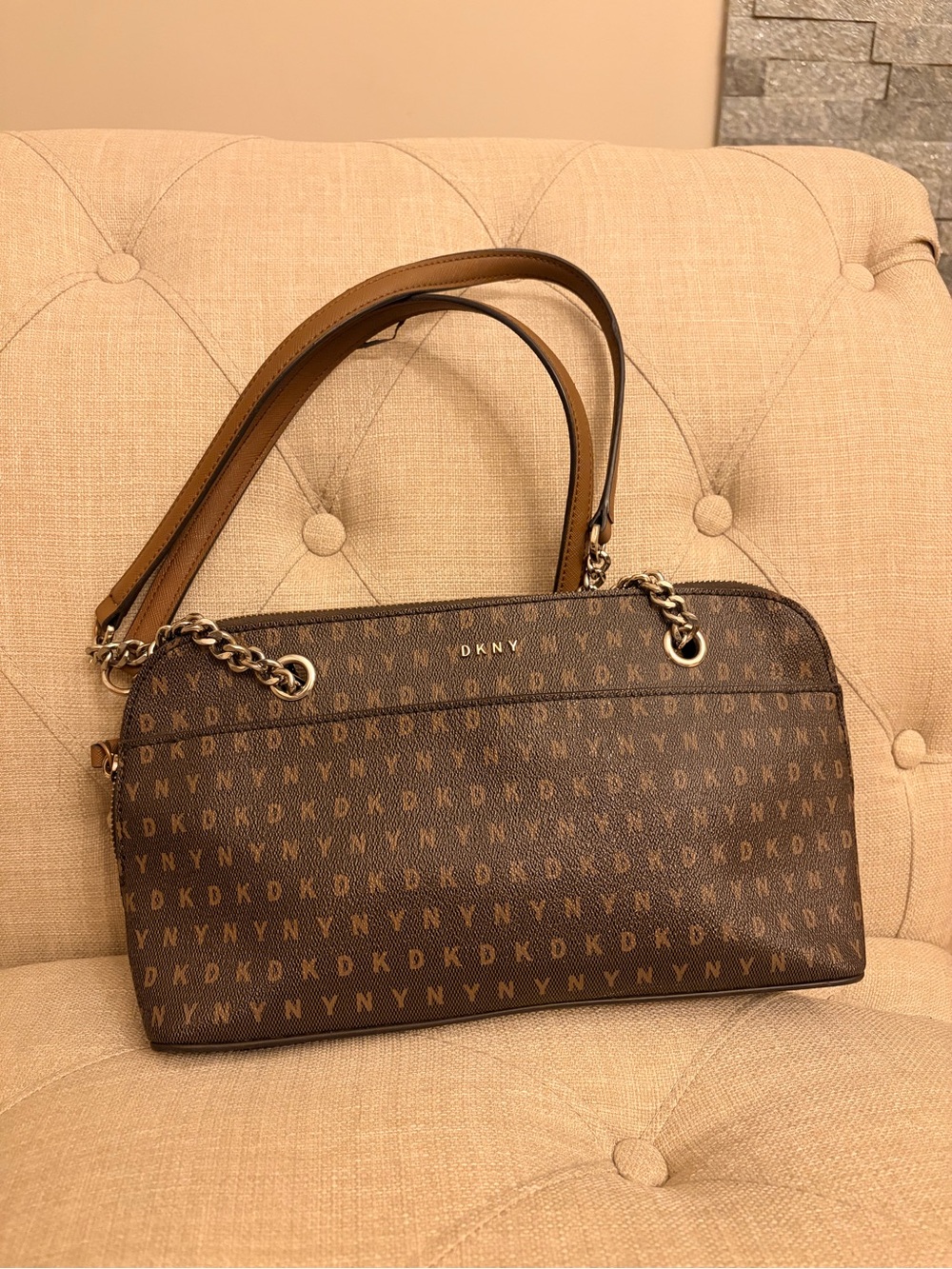 DKNY Brown Monogram Dome Shoulder Bag with Chain Detail